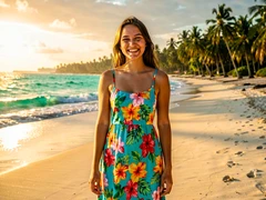 A smiling young woman standing on a sun-drenched tropical beach, arms relaxed at her sides, wearing a bright floral sundress, with turquoise waves and palm trees stretching behind her. Warm golden-hour sunlight falls from the left, casting soft shadows across her face and shoulders. Style: photorealistic travel photography. Mood: carefree and vibrant.