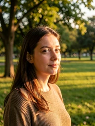 A natural outdoor portrait of a person standing in a sunlit park, face seamlessly integrated with the surrounding scene — matching warm afternoon light, consistent skin tone, and soft edge transitions that make the image indistinguishable from an unedited photograph. Style: photorealistic portrait photography. Mood: natural and candid.