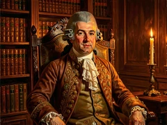 A figure dressed in authentic 18th-century aristocratic attire — powdered wig, embroidered coat, and lace cravat — seated in a high-backed wooden chair inside a candlelit study lined with leather-bound books. Warm flickering candlelight from the right casts rich amber tones across the face and fabric. Style: oil-painting-inspired portrait photography. Mood: regal and timeless.