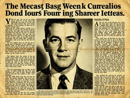 A grainy black-and-white close-up portrait of a person in a 1940s-style suit and tie, printed on aged yellowed newsprint with visible halftone dot texture, surrounded by mock headline text in bold serif type. Flat, even lighting typical of mid-century press photography. Style: archival newspaper photography. Mood: nostalgic and editorial.