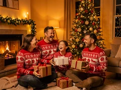 A family of four gathered around a decorated Christmas tree in a cozy living room, wearing matching red and white holiday sweaters, laughing and holding wrapped gifts. Warm amber light from string lights and a nearby fireplace bathes the scene in a soft golden glow. Style: lifestyle holiday photography. Mood: warm and festive.