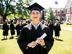 A young graduate in a black cap and gown holding a rolled diploma and smiling broadly on a sunlit university lawn, other graduates visible in soft focus behind them. Bright natural daylight from overhead creates clean, even illumination with gentle shadows under the cap brim. Style: editorial graduation photography. Mood: proud and optimistic.