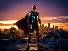 A person in a detailed superhero costume standing on a rooftop at dusk, cape billowing in the wind, city skyline glowing orange and purple behind them. Dramatic rim lighting from the setting sun outlines the figure in warm gold while the foreground stays in cool shadow. Style: cinematic action photography. Mood: powerful and epic.