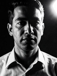 A high-contrast black-and-white close-up portrait of a person in a classic collared shirt, face lit by a single directional light source from the upper right that carves deep shadows along the cheekbones and jaw, rendered with fine grain and rich tonal range from bright highlights to deep blacks. Style: classic monochrome portrait photography. Mood: timeless and dramatic.