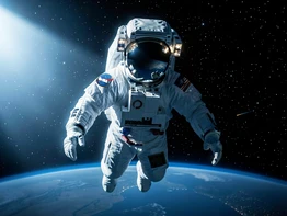 A person in a white NASA-style spacesuit with a reflective visor raised, floating against a deep black star-filled space backdrop, Earth's curved blue horizon glowing faintly below. Cool blue-white light from the left simulates sunlight in orbit, casting sharp clean shadows on the suit fabric. Style: documentary space photography. Mood: adventurous and awe-inspiring.