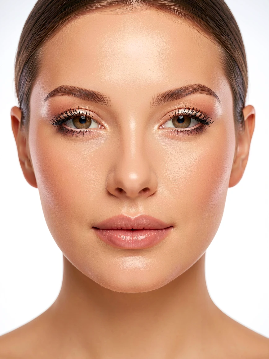 A close-up beauty portrait of a person with flawlessly smooth skin, soft diffused studio lighting from directly in front creating an even, shadow-free complexion, set against a clean white backdrop with a subtle gradient. Skin tones are warm and luminous, with fine details like eyelashes and lip texture preserved. Style: high-end beauty photography. Mood: clean and radiant.