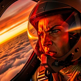 A close-up of a person's face inside a fighter jet cockpit, visor up, expression fierce and focused as the aircraft banks sharply over a cloud layer at sunset. Orange and red light floods the cockpit interior, catching every detail of the flight suit collar and jaw. The horizon tilts dramatically in the background. Style: high-budget action film cinematography. Mood: adrenaline-charged.