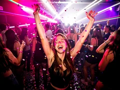 A young woman dancing energetically in the center of a crowded nightclub, arms raised, laughing with eyes closed. Multicolored strobe lights in pink, purple, and white sweep across her face and the surrounding crowd. Confetti drifts through the air. The floor is packed with blurred silhouettes of other dancers. Style: vibrant concert photography. Mood: euphoric and carefree.