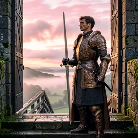 A person dressed in ornate medieval armor standing on the steps of a stone castle gate, holding a sword upright, looking out over a misty valley at dawn. Soft pink and gold light breaks through low clouds, illuminating the engraved breastplate and the figure's face from the front. Moss-covered stone walls and a lowered drawbridge frame the scene. Style: epic fantasy film production design. Mood: heroic and mythic.