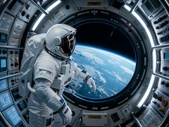 An astronaut in a white pressurized suit floating inside a space station module, gazing out a circular porthole at the curved blue Earth below. Interior LED lighting casts a cool, even white glow across the helmet visor and suit. Equipment panels and handrails line the curved walls. Style: NASA documentary photography. Mood: awe-inspiring and serene.