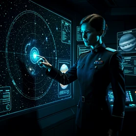 A person in a sleek dark uniform standing before a large holographic star map in a dimly lit command center, pointing at a glowing planet marker with a focused expression. Blue and cyan holographic light washes across their face and uniform from the front, leaving the rest of the room in deep shadow. Floating data panels surround them. Style: near-future science fiction film. Mood: tense and strategic.