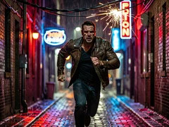 A rugged man in a leather jacket sprinting through a rain-soaked city alley at night, dodging sparks from an overhead electrical wire. Neon signs in red and blue reflect off wet cobblestones, casting dramatic colored light across his determined face. Shallow depth of field keeps the background bokeh-soft. Style: cinematic thriller. Mood: high-stakes tension.