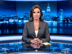 A confident woman seated behind a sleek glass news desk in a modern broadcast studio, looking directly into the camera with a composed expression. Cool blue studio lighting illuminates her face evenly while a blurred cityscape graphic glows on the screen behind her. A small lapel microphone clips to her blazer. Style: professional broadcast television. Mood: authoritative and polished.