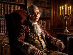 A person dressed in 18th-century aristocratic clothing — powdered wig, embroidered coat, lace cravat — seated in a high-backed velvet chair inside a candlelit study lined with leather-bound books. Warm candlelight from a candelabra to the right sculpts deep shadows across their face and the ornate wooden furniture. Style: oil-painting-inspired cinematic photography. Mood: regal and timeless.