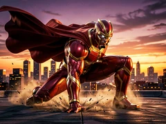A muscular figure in a red and gold armored suit landing in a dramatic crouch on a rooftop at dusk, one fist pressed to the ground, cape billowing behind. The city skyline glows orange and purple in the fading light. Dust and small debris scatter outward from the impact point. Style: blockbuster visual effects film. Mood: powerful and iconic.
