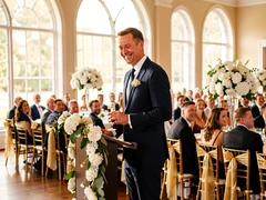 A man in a navy suit standing at a flower-decorated podium inside a sunlit ballroom, holding a champagne glass and smiling warmly at a crowd of seated guests. Soft diffused daylight pours through tall arched windows, wrapping his face in gentle warm tones. White floral centerpieces and golden chair sashes fill the background. Style: elegant documentary photography. Mood: joyful and heartfelt.