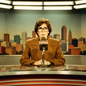 A person seated behind a retro 1970s television news desk, wearing a wide-lapel brown suit and large-framed glasses, speaking into a boxy microphone. The image has a warm, slightly desaturated film grain look. Studio fluorescent lights cast flat, even illumination across the desk and the presenter's face. A painted backdrop of a city skyline fills the background. Style: archival broadcast footage aesthetic. Mood: nostalgic and deadpan.