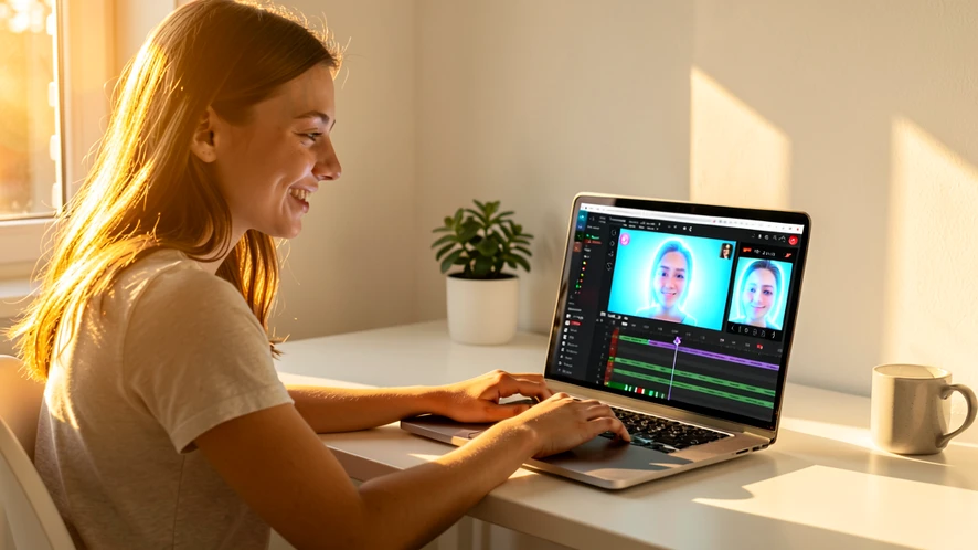 A young woman sitting at a bright home desk, smiling at a laptop screen displaying a video timeline with a glowing face-swap preview panel. Warm afternoon sunlight streams through a window to her left, casting soft golden highlights across her face and the white desk surface. The room is modern and minimal, with a small plant and a coffee mug in the background. Style: photorealistic editorial. Mood: effortless creativity.