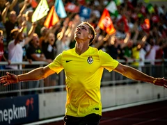 An athlete in a bright yellow jersey jogging around a stadium track with arms outstretched, face lifted toward the roaring crowd in the stands. Afternoon sunlight hits them from a low angle, creating a strong rim light along their shoulders and jaw. Blurred fans wave flags in the background. Style: dynamic sports photojournalism. Mood: triumphant and electric.